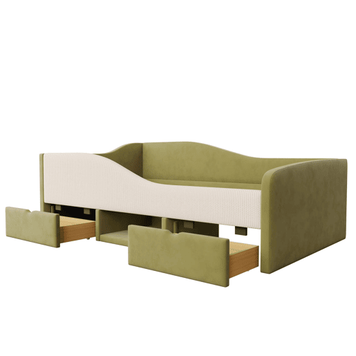 Cama multifuncional 90x190 cm - Com duas gavetas e barreiras - Verde escuro + Creme