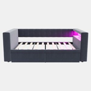 Cama multifuncional 90x190 cm - Com iluminação LED, tomada elétrica, grande espaço de armazenamento - Cinza escuro