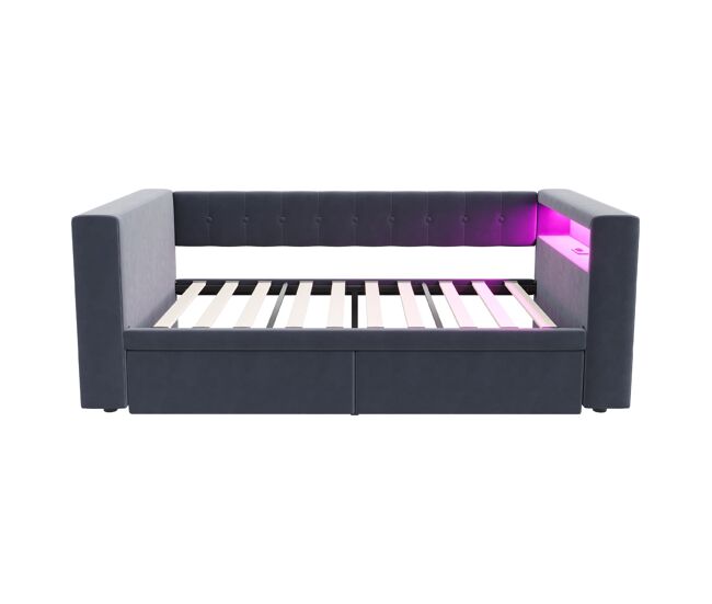 Cama multifuncional 90x190 cm - con iluminación led, toma de corriente, gran almacenamiento - gris oscuro