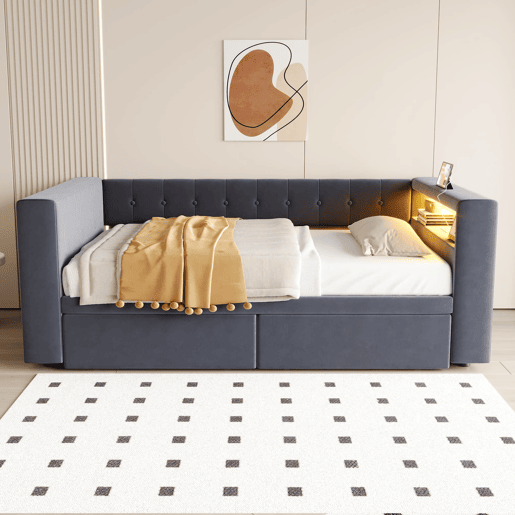 Cama multifuncional 90x190 cm - Com iluminação LED, tomada elétrica, grande espaço de armazenamento - Cinza escuro