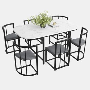 Conjunto de 1 mesa e 6 cadeiras de jantar de mdf,branco+preto