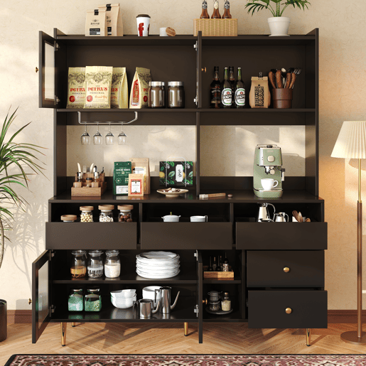Armário de cozinha de mdf com 4 portas e 5 gavetas,preto