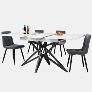Conjunto de sala de jantar 120160x68 cm com 4 cadeiras - mesa extensível moderna, cadeiras de veludo cinza escuro com design diagonal, pernas pretas - cinza escuro e preto