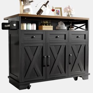 Carrinho de cozinha de mdf com 3 portas e 3 gavetas,preto