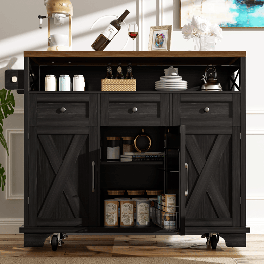 Carrinho de cozinha de mdf com 3 portas e 3 gavetas,preto