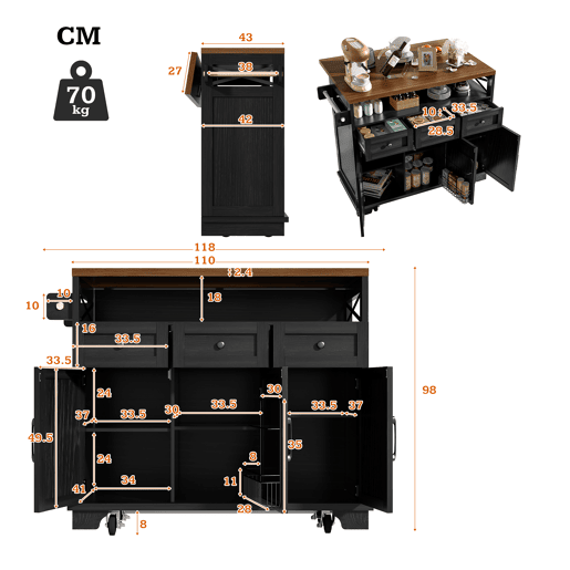 Carrinho de cozinha de mdf com 3 portas e 3 gavetas,preto