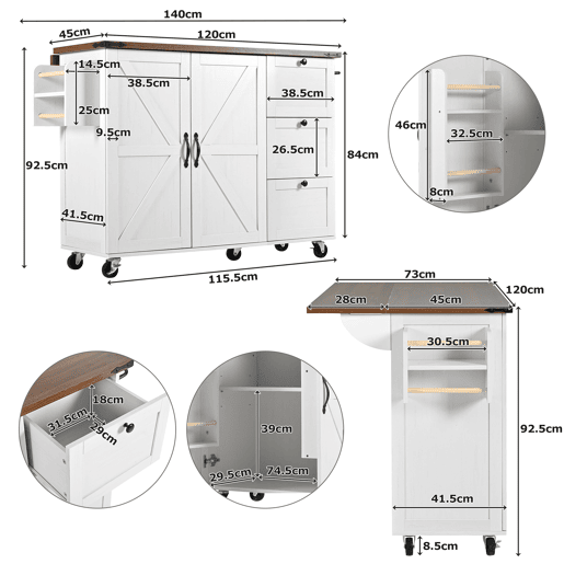 Carrinho de cozinha de mdf com 2 portas e 3 gavetas,branco