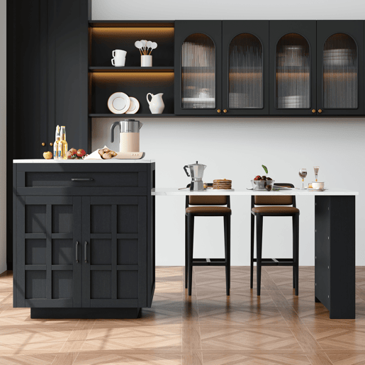 Ilha de cozinha extensible de mdf com 2 portas e 2 gavetas,preto+branco Ilha de cozinha extensible de mdf com 2 portas e 2 gavetas,preto+branco