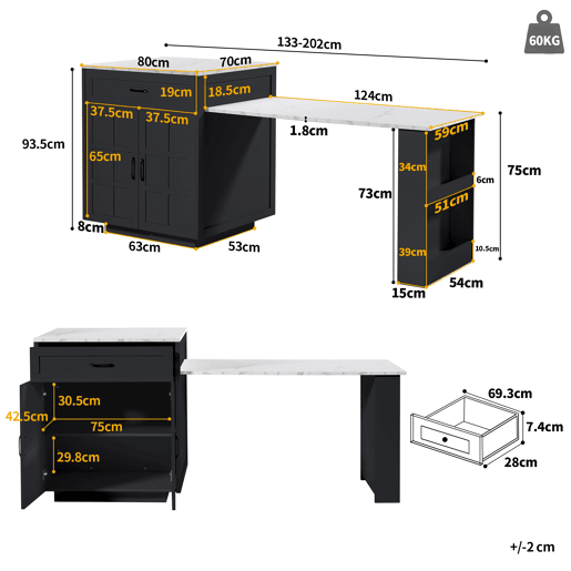 Ilha de cozinha extensible de mdf com 2 portas e 2 gavetas,preto+branco Ilha de cozinha extensible de mdf com 2 portas e 2 gavetas,preto+branco