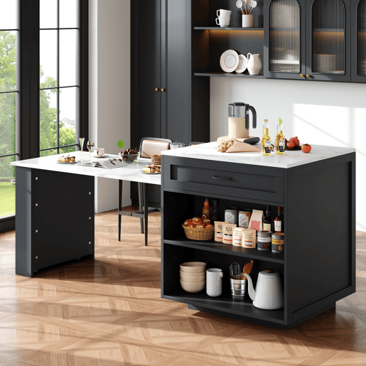 Ilha de cozinha extensible de mdf com 2 portas e 2 gavetas,preto+branco Ilha de cozinha extensible de mdf com 2 portas e 2 gavetas,preto+branco