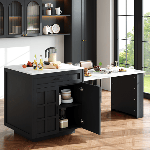 Ilha de cozinha extensible de mdf com 2 portas e 2 gavetas,preto+branco Ilha de cozinha extensible de mdf com 2 portas e 2 gavetas,preto+branco