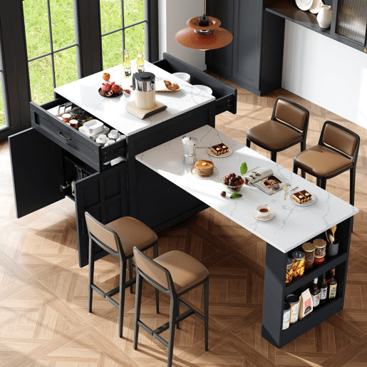 Ilha de cozinha extensible de mdf com 2 portas e 2 gavetas,preto+branco Ilha de cozinha extensible de mdf com 2 portas e 2 gavetas,preto+branco