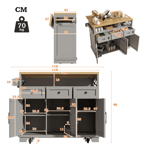 Carrinho de cozinha de mdf com 3 portas e 3 gavetas,cinza