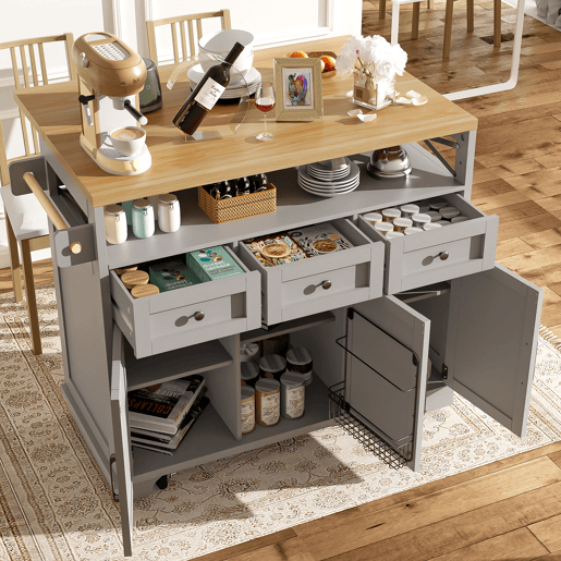 Carrinho de cozinha de mdf com 3 portas e 3 gavetas,cinza