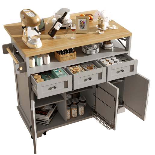 Carrinho de cozinha de mdf com 3 portas e 3 gavetas,cinza