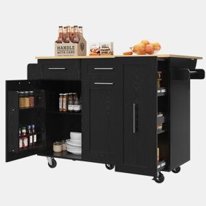 Carrinho de cozinha de mdf com 2 portas e 3 gavetas,preto
