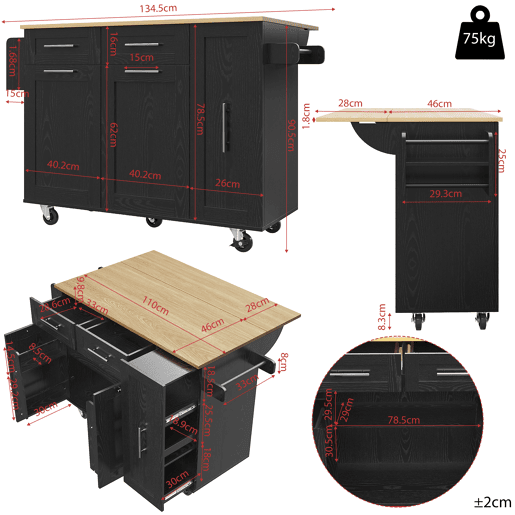 Carrinho de cozinha de mdf com 2 portas e 3 gavetas,preto