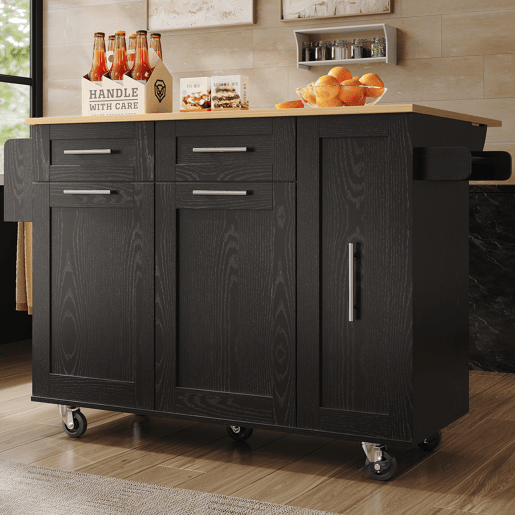 Carrinho de cozinha de mdf com 2 portas e 3 gavetas,preto
