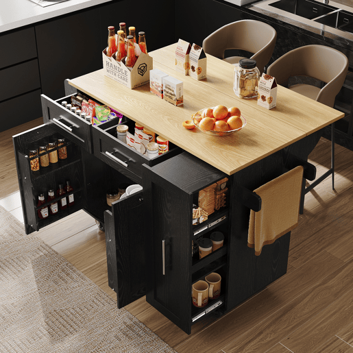 Carrinho de cozinha de mdf com 2 portas e 3 gavetas,preto