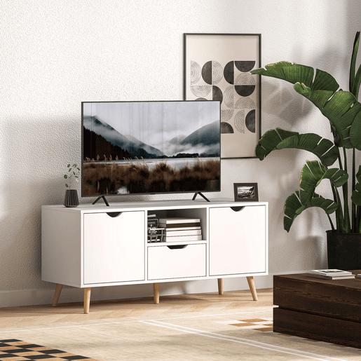 HOMCOM Móvel de TV com Gaveta 2 Portas e Prateleira Mesa de TV para Televisores de até 50 Polegadas Aparador de Sala de Estar 110x40x50 cm Branco