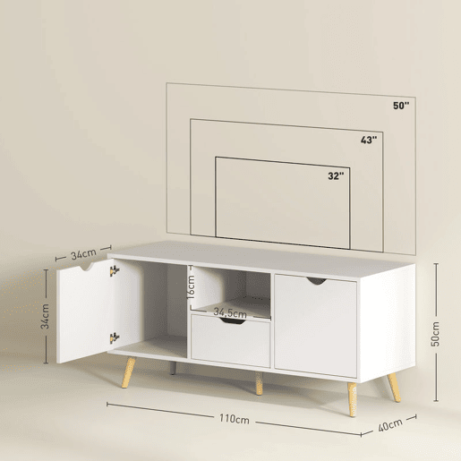 HOMCOM Móvel de TV com Gaveta 2 Portas e Prateleira Mesa de TV para Televisores de até 50 Polegadas Aparador de Sala de Estar 110x40x50 cm Branco