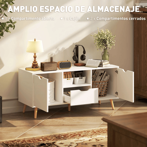 HOMCOM Móvel de TV com Gaveta 2 Portas e Prateleira Mesa de TV para Televisores de até 50 Polegadas Aparador de Sala de Estar 110x40x50 cm Branco