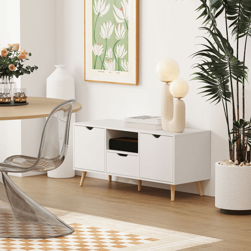 HOMCOM Móvel de TV com Gaveta 2 Portas e Prateleira Mesa de TV para Televisores de até 50 Polegadas Aparador de Sala de Estar 110x40x50 cm Branco