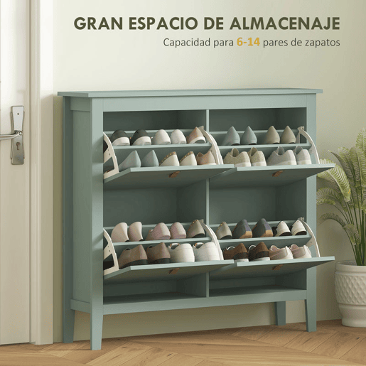 HOMCOM Sapateira Estreita Móvel Sapateira para Entrada com 4 Gavetas Abatíveis Prateleiras Ajustáveis e Puxadores em PU para 20 Pares de Sapatos para Corredor 105x24x95,5 cm Verde Claro