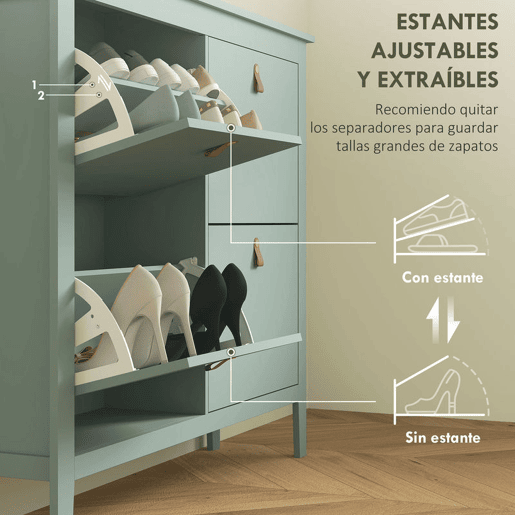 HOMCOM Sapateira Estreita Móvel Sapateira para Entrada com 4 Gavetas Abatíveis Prateleiras Ajustáveis e Puxadores em PU para 20 Pares de Sapatos para Corredor 105x24x95,5 cm Verde Claro