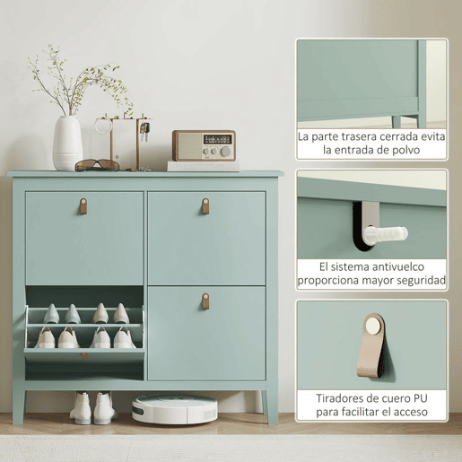 HOMCOM Sapateira Estreita Móvel Sapateira para Entrada com 4 Gavetas Abatíveis Prateleiras Ajustáveis e Puxadores em PU para 20 Pares de Sapatos para Corredor 105x24x95,5 cm Verde Claro