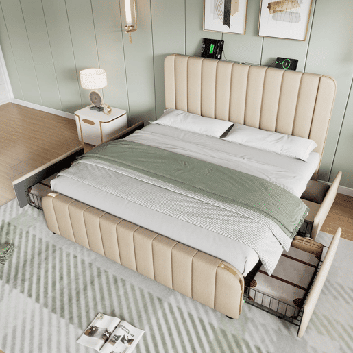 Cama de casal estofada 140x200 cm - cabeceira acolchoada com detalhes dourados, USB-C, 4 gavetas, colchão incluído - linho bege
