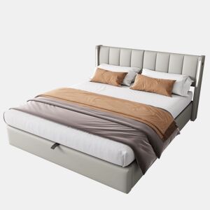Cama de casal de pu 140x190 cm com armazenamento e luz led,cinza