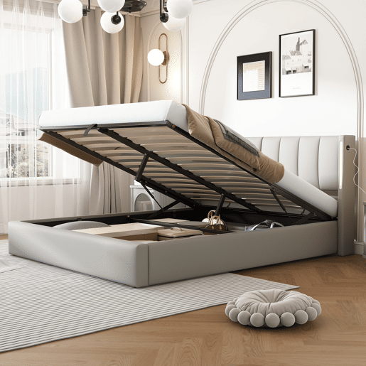 Cama de casal de pu 140x190 cm com armazenamento e luz led,cinza