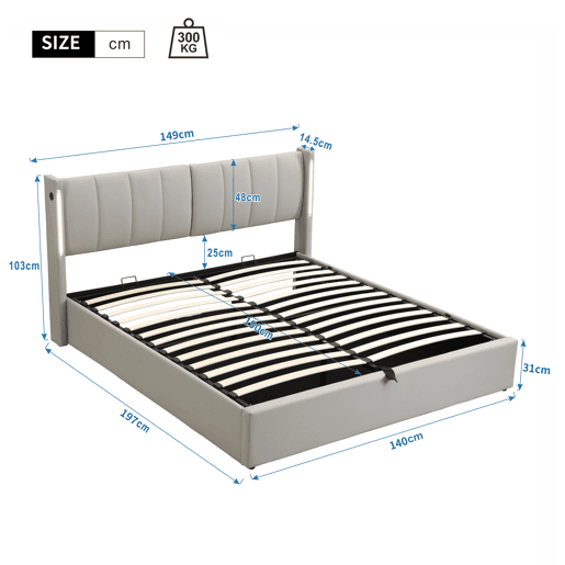 Cama de casal de pu 140x190 cm com armazenamento e luz led,cinza