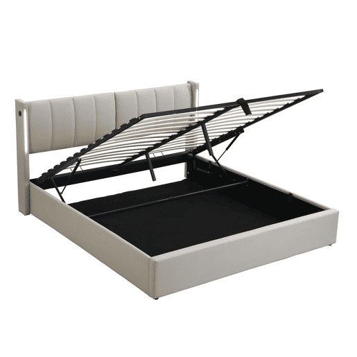 Cama de casal de pu 140x190 cm com armazenamento e luz led,cinza