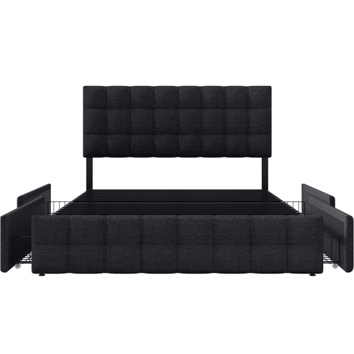 Cama estofada 140x200 - 4 gavetas, cabeceira ajustável, design quadrado, arrumação - Preto