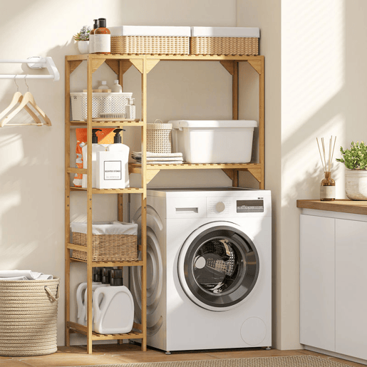 HOMCOM Estante para Máquina de Lavar em Bambu Móvel para Máquina de Lavar ou Sanita com Prateleiras Reversíveis e Ajustáveis Poupa Espaço Para Lavandaria Casa de Banho 100x40x157 cm Madeira