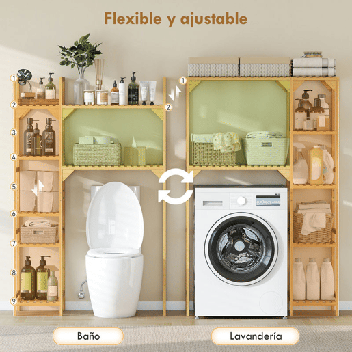 HOMCOM Estante para Máquina de Lavar em Bambu Móvel para Máquina de Lavar ou Sanita com Prateleiras Reversíveis e Ajustáveis Poupa Espaço Para Lavandaria Casa de Banho 100x40x157 cm Madeira
