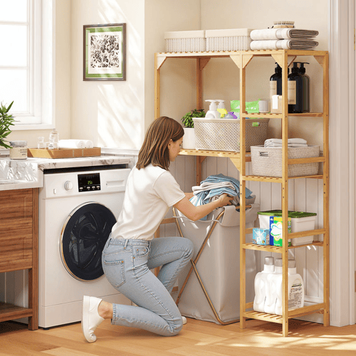 HOMCOM Estante para Máquina de Lavar em Bambu Móvel para Máquina de Lavar ou Sanita com Prateleiras Reversíveis e Ajustáveis Poupa Espaço Para Lavandaria Casa de Banho 100x40x157 cm Madeira