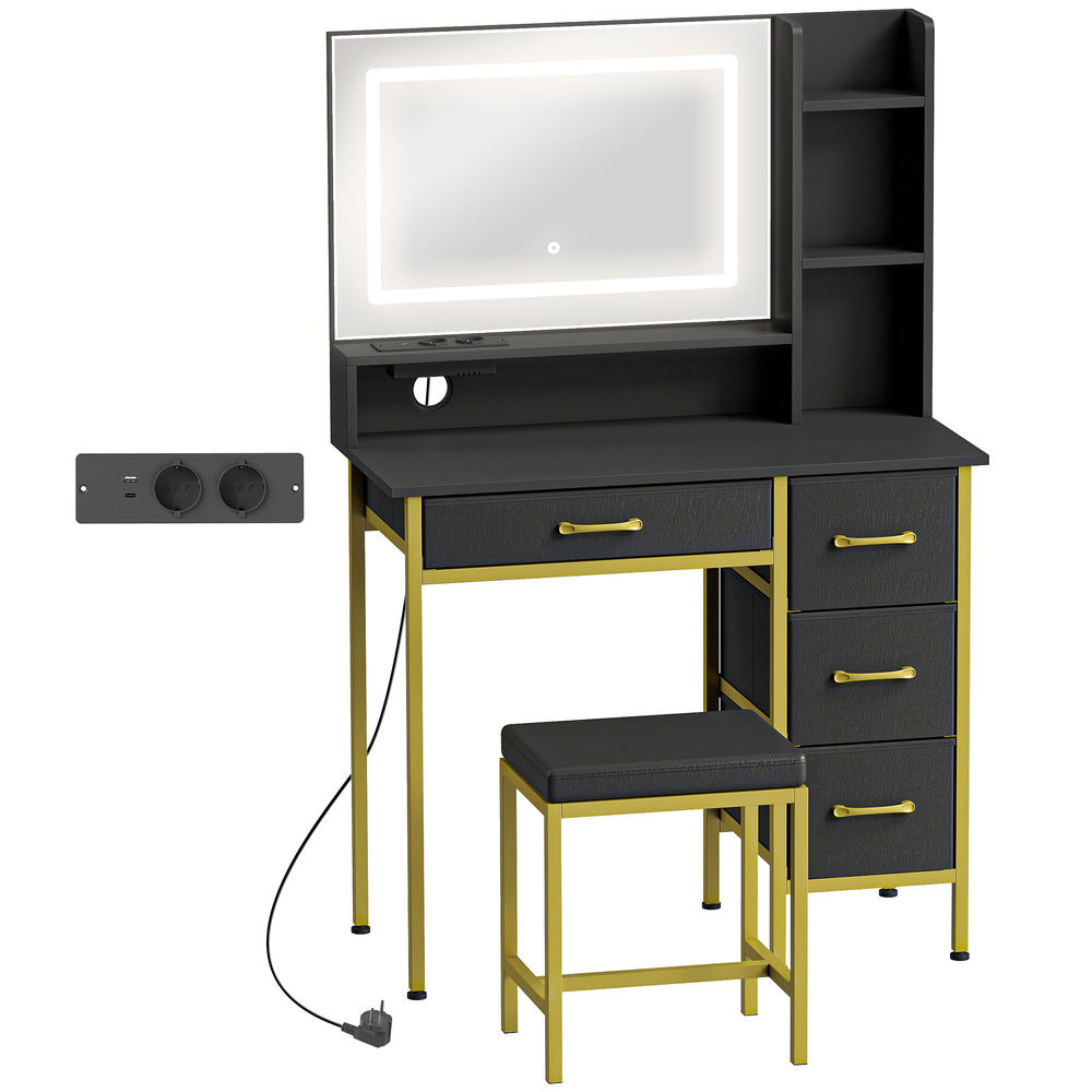 Homcom tocador de maquillaje con espejo y luces led, estación de carga, tocador con taburete, 3 colores de luz, 4 cajones de tela, estantes, para dormitorio, negro