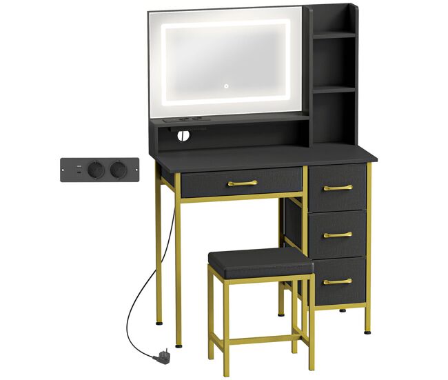 Homcom tocador de maquillaje con espejo y luces led, estación de carga, tocador con taburete, 3 colores de luz, 4 cajones de tela, estantes, para dormitorio, negro