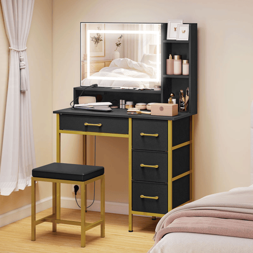 HOMCOM Toucador de Maquilhagem com Espelho e Luzes LED, Estação de Carregamento, Touca com Banco, 3 Cores de Luz, 4 Gavetas de Tecido, Prateleiras, para Quarto, Preto