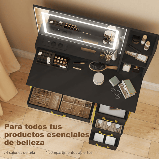 HOMCOM Toucador de Maquilhagem com Espelho e Luzes LED, Estação de Carregamento, Touca com Banco, 3 Cores de Luz, 4 Gavetas de Tecido, Prateleiras, para Quarto, Preto