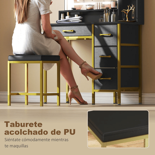 HOMCOM Toucador de Maquilhagem com Espelho e Luzes LED, Estação de Carregamento, Touca com Banco, 3 Cores de Luz, 4 Gavetas de Tecido, Prateleiras, para Quarto, Preto