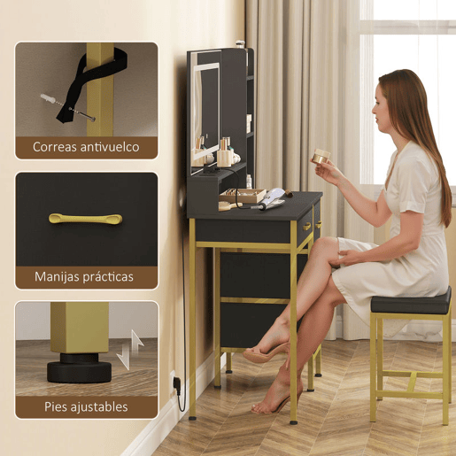 HOMCOM Toucador de Maquilhagem com Espelho e Luzes LED, Estação de Carregamento, Touca com Banco, 3 Cores de Luz, 4 Gavetas de Tecido, Prateleiras, para Quarto, Preto