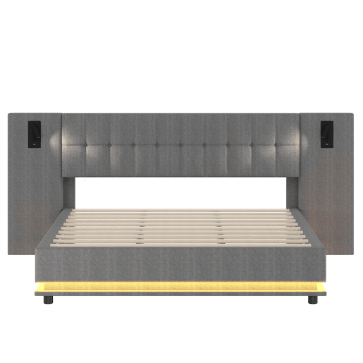 Cama estofada 180x200 cm - Com faixa LED, cabeceira com spot, USB, sem colchão, linho, cinza