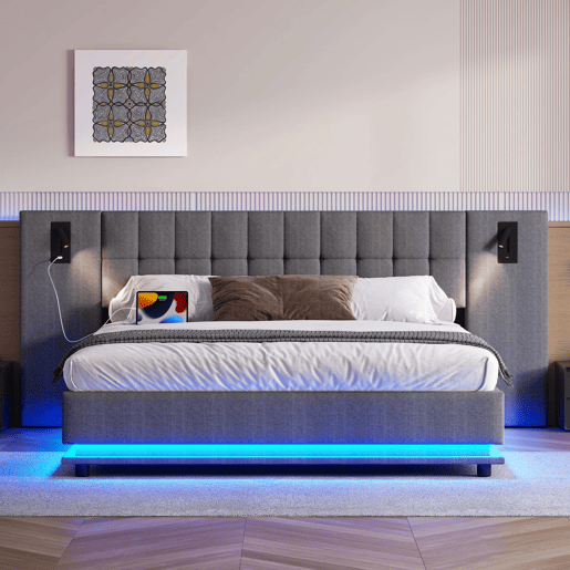Cama estofada 180x200 cm - Com faixa LED, cabeceira com spot, USB, sem colchão, linho, cinza