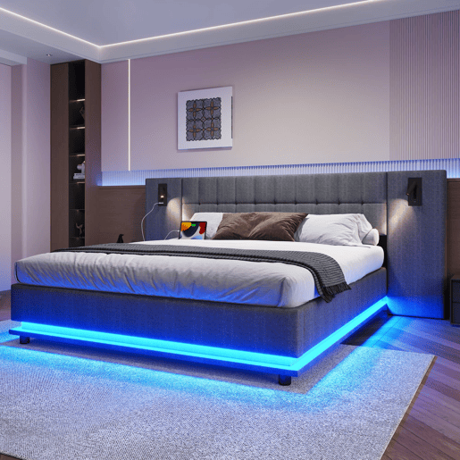 Cama estofada 180x200 cm - Com faixa LED, cabeceira com spot, USB, sem colchão, linho, cinza