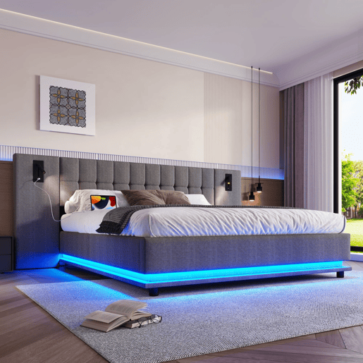 Cama estofada 180x200 cm - Com faixa LED, cabeceira com spot, USB, sem colchão, linho, cinza