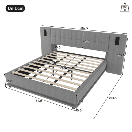 Cama estofada 180x200 cm - Com faixa LED, cabeceira com spot, USB, sem colchão, linho, cinza